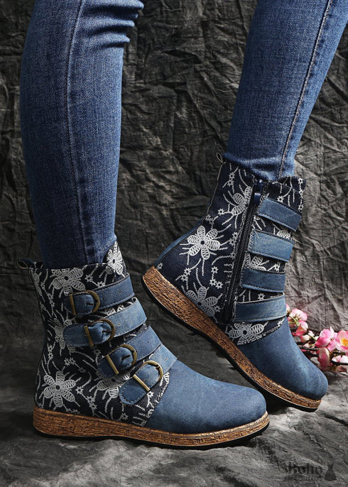 Boho Flat Mid-calf Embroidered Ankle Boots